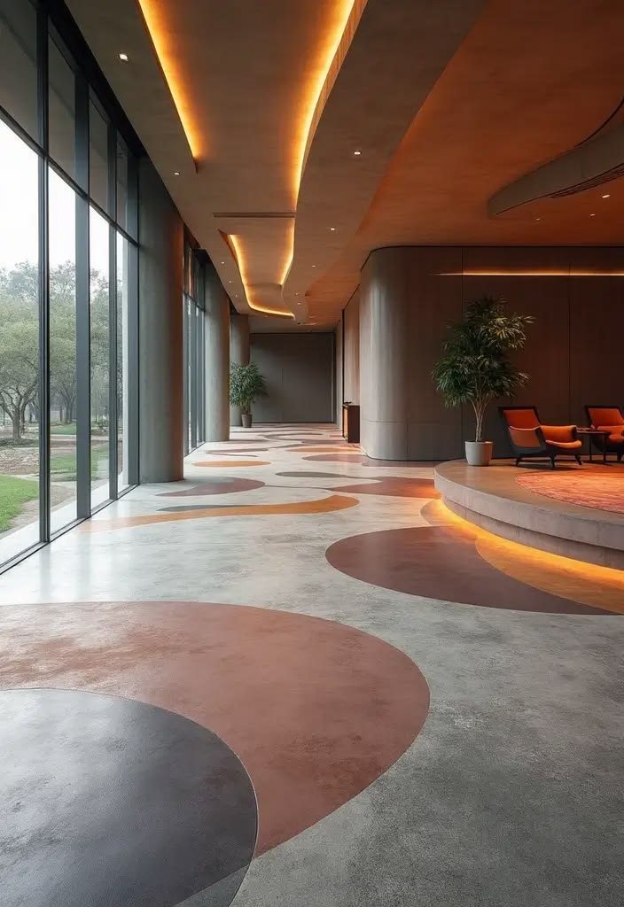 Decorative resin flooring laid through a residential lobby