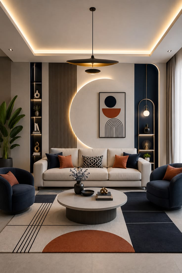 Living room with a curved feature wall, built-in shelving and custom joinery