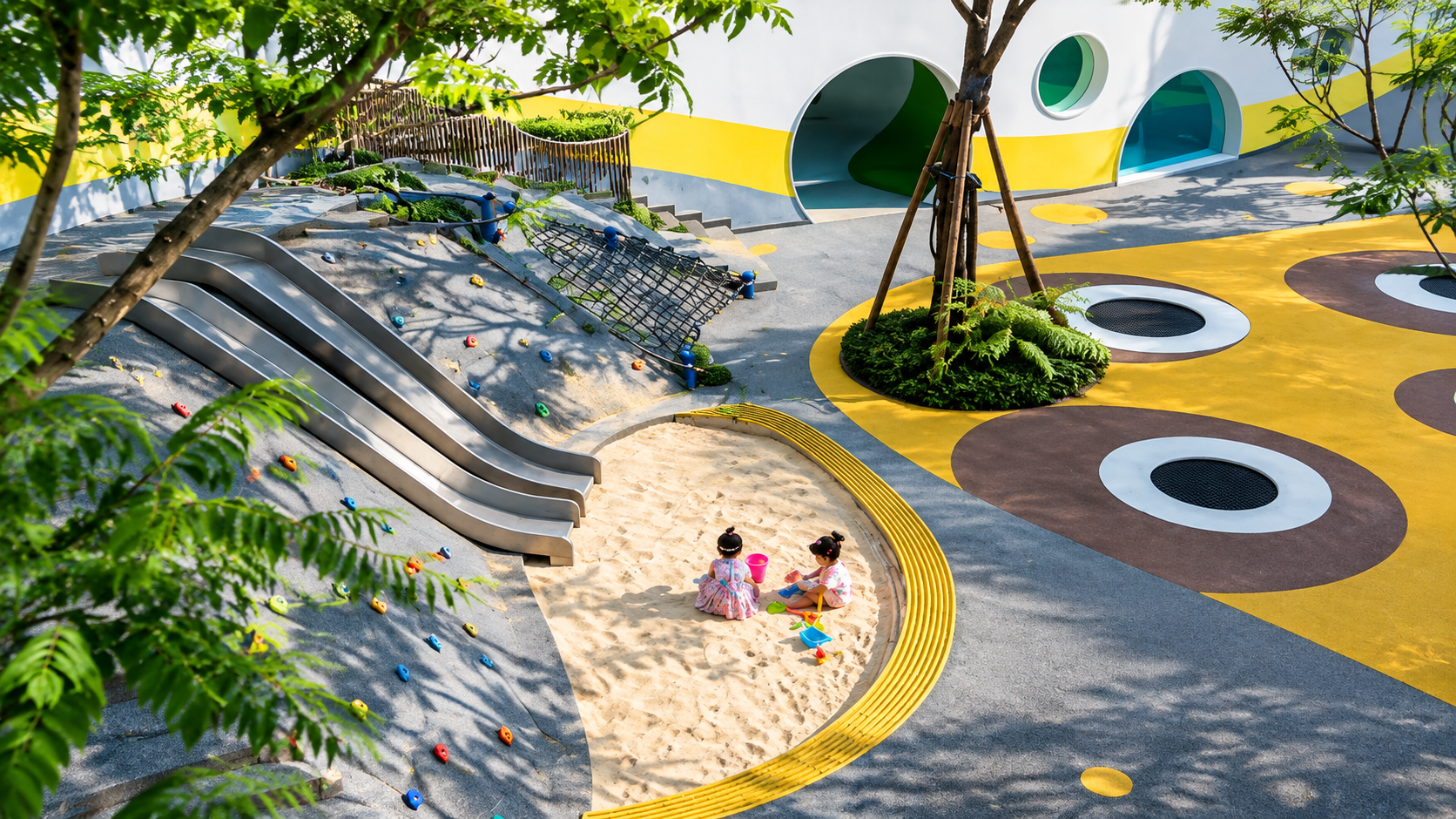 Children's play area with slides, a sandpit and a climbing wall