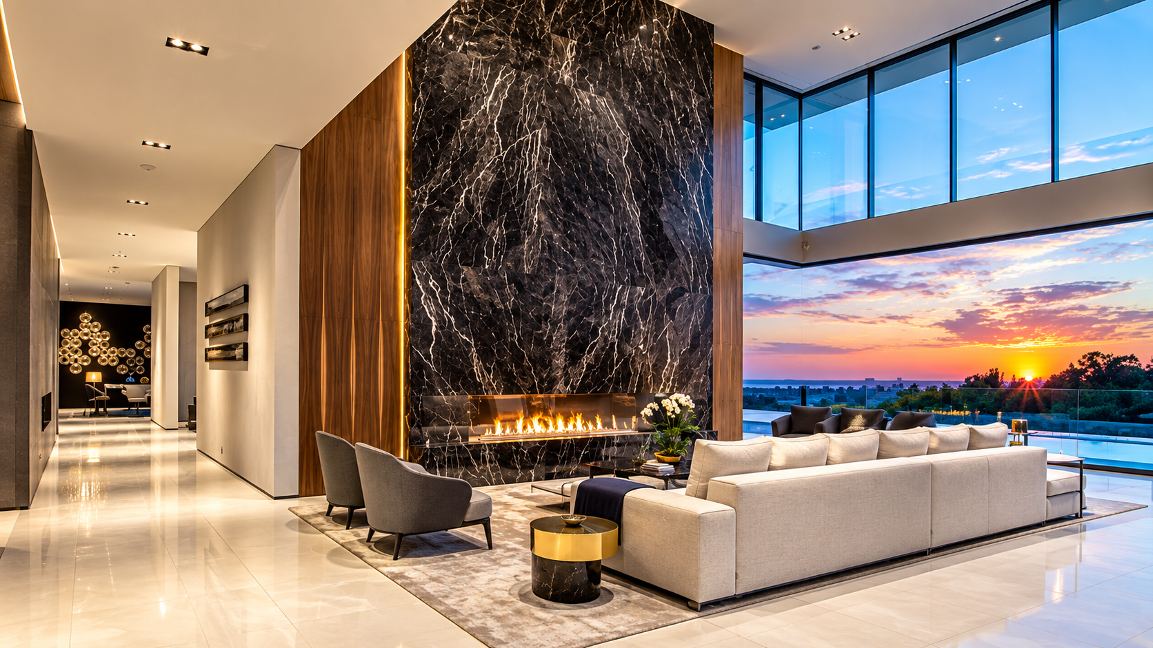 Living room with a full-height marble fireplace and floor-to-ceiling glazing