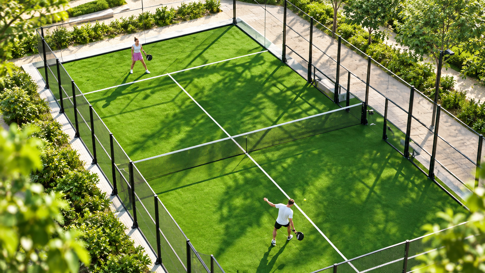 Padel court within landscaped grounds